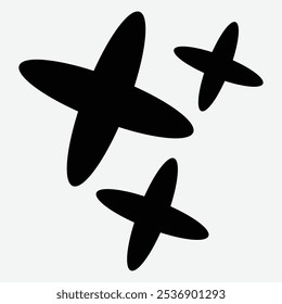 Three abstract black shapes resembling stars or crosses on a light background.