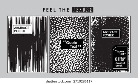 Drei abstrakte schwarz-weiße strukturierte Posterdesigns mit Text Schlagwörter: abstrakt, Poster