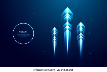 Three abstract blue glow speed arrows rise up. Concept of business target reach or successful investment. Low poly vector illustration in futuristic style. Neon glow of lines, connected dots, shapes.