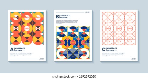 three abstract bold retro pop art style covers backgrounds with geometric shape composition. Trendy geometry backgrounds, applicable for Cover, Poster, Card Design