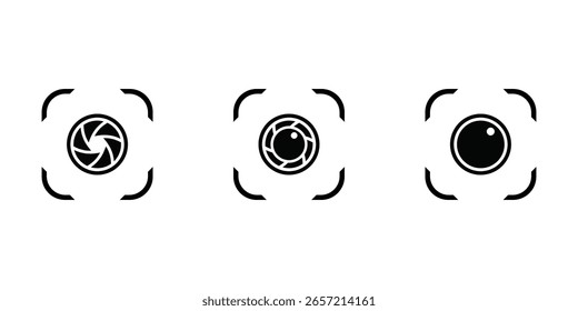 Três ícones abstratos da lente da câmera: Vetor de símbolos de fotografia preto minimalista
