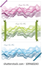 three abstract cards with backdrop designs with colorful blend waves and decorative ribbons isolated on white background with place for your text