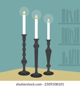 Three abstract cartoon style lit white candle sticks with black holders set on table with teal background