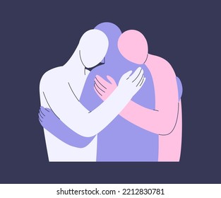 Three Abstract Characters Hug. Polyamory Concept. Notions Of Polygamy, Open Intimate, Romantic And Sexual Relations, Free Love. Ethical Non Monogamy. Vector Flat Illustration