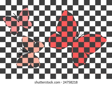 Three abstract checked butterflies in black and red colors on the checked black-and-white background