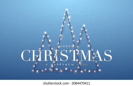 Tres árboles abstractos de Navidad hechos con luces de garland. Tarjeta de saludo con árbol de Navidad sobre fondo azul de pared. Banner vectorial de Año Nuevo.
