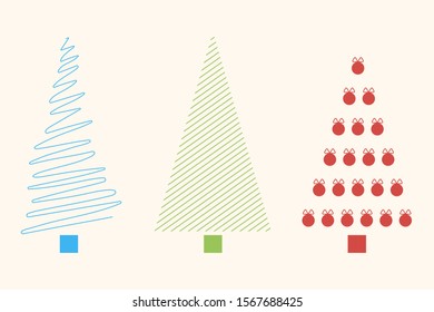 Three abstract christmas trees blue, green and red for christmas. Bar, strip and Christmas balls