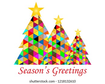 Three abstract christmas trees with multicolor triagular patterns.  Vector illustration, white background.  Season's greetings, Merry Christmas and Happy New Year.