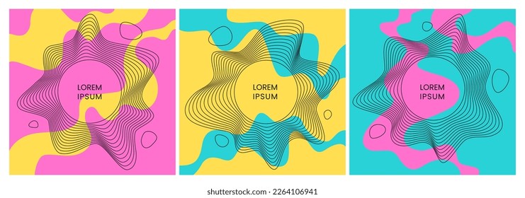 Three abstract colorful groovy style banners with wavy linear frames.