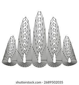 Three abstract cones. Geometric line structure. Dynamic shading Vector shapes. Black white wireframe. EPS 10.
