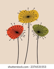 Three Abstract Dandelions Flower Art Vector Retro Style Print MCM Illustration Wall Decor Design Mid-Century Poster Atomic Starburst Printable Vintage Blowball Decoration Artwork Mid Century Modern