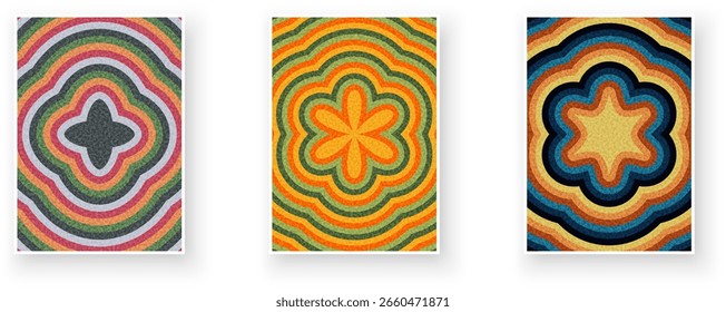 Three abstract designs featuring floral and starburst shapes with colorful concentric waves. Vector illustration.