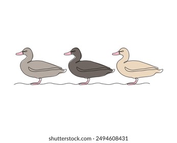 three abstract ducks stand in a row,continuous single line art hand drawing sketch logo