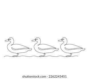 three abstract ducks stand in a row,hand drawn, continuous mono line, one line art