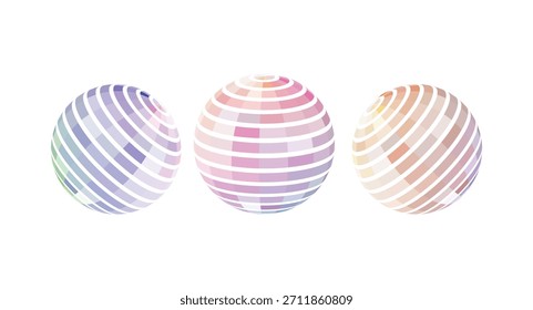 Tres huevos de Pascua abstractos con patrones de rayas de colores sobre un fondo blanco