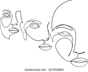 Three abstract face one line drawing. Portrait minimalistic style. Fine one line drawing abstract face. One line drawing abstract faces. Modern continuous line art. Three women feces illustration.