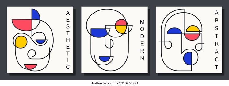 Three abstract faces in neoplasticism style. Different surreal faces of people. Continuous line portrait. Vector design