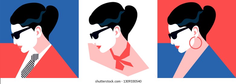 Three abstract female portraits in profile. Set of vector illustration