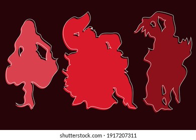 Three abstract fictional characters of plump girls in ballet tutus dancing in different poses hot spanish dance. Angular and amorphous figures in red. Faceless ballerinas in flat and minimal style.	
