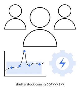 Três figuras abstratas acima de um gráfico de dados com gráfico de linhas e símbolo de engrenagem de energia. Ideal para trabalho em equipe, análise de dados, gerenciamento de energia, inovação, colaboração, eficiência e tecnologia. Linha
