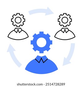 Drei abstrakte Figuren mit Getriebeköpfen, die Kollaboration darstellen. Ideal für Teamarbeit, Geschäftsstrategie, Workflow, Organisationsentwicklung und Effizienz. Vektorformat reinigen.