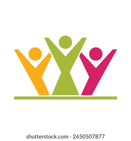 Three abstract figures with raised arms in orange green and pink people unity