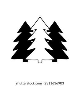 Three abstract fir trees. Monochrome icon or sign of nature, forest and environment. Black and white illustration
