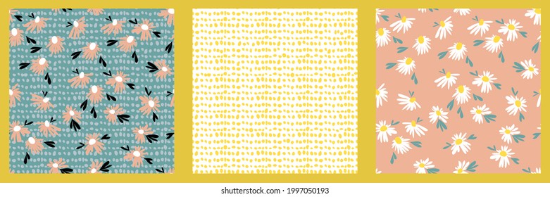 Drei abstrakte und florale nahtlose Muster. Einfache Formen, doodle Elemente und Naturstruktur. Moderne, bunte, zeitgenössische Vektorgrafik. Handgezeichnete Objekte auf pastellfarbenem Hintergrund.