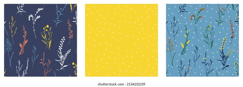 Three abstract floral seamless patterns. Polka dots simple shapes and nature texture. Modern colorful contemporary vector illustration. Hand drawing flowers an silhouettes on colorful background.