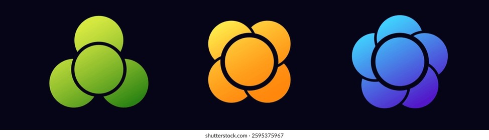 Three abstract flower designs feature vivid colors: green, orange, and blue with circular shapes.