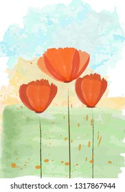 Three abstract flowers against the background of the field and the sky. Vector flowers made with watercolor brush. Spring background. 
Vector illustration