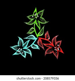 Three Abstract Flowers On Black Background