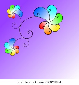 Three abstract flowers on lilac background, place for text