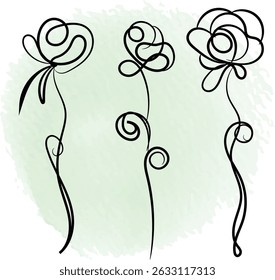 Three abstract flowers in a single line drawing style with green background.