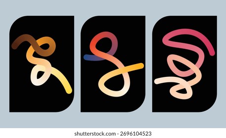 Tres Formas fluidas abstractas de la cinta con colores vibrantes del gradiente en el Vector negro de los fondos