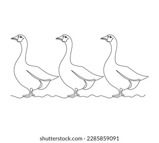 three abstract geese stand in a row,hand drawn, continuous mono line, one line art
