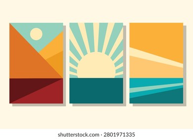Three abstract geometric cards depict tranquil nature scenes. One shows mountains under a sun, another features a radiant sunrise over the ocean, and the third portrays a calm seascape.