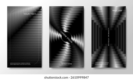 Three abstract geometric posters in black and white gradients.