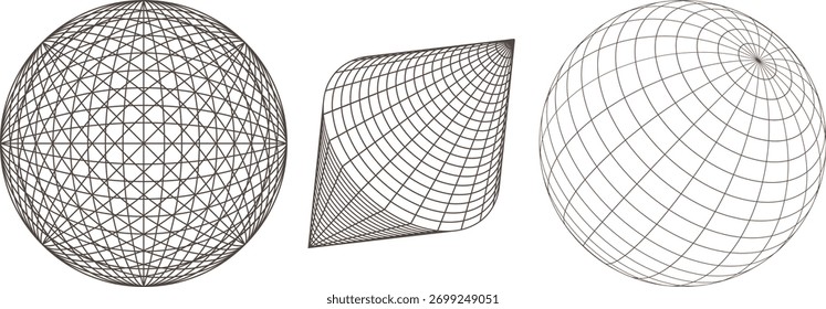Three abstract geometric wireframe shapes including a sphere and a warped square on a white background