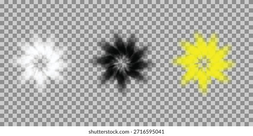 Tres Formas abstractas brillantes de estrellas en blanco, negro y amarillo crean un efecto de luz dinámico perfecto para proyectos de diseño moderno EPS Vector