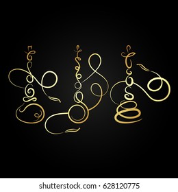 Three abstract golden hookah silhouettes for vector