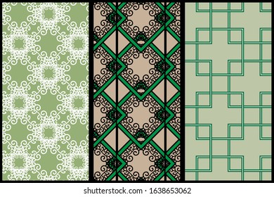 three abstract green patterns: lace, ornate and geometric