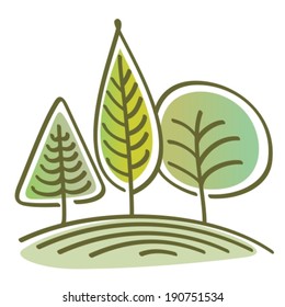 three abstract green trees on the hill. Graphic linear vector landscape