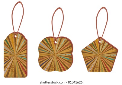 Three abstract grunge label in style with rays emanating from the center