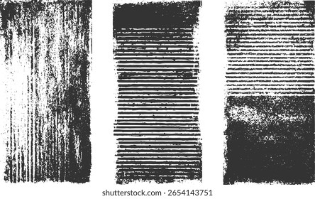 Three abstract grunge textures with black and white distressed patterns and horizontal lines.