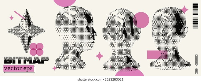 Three abstract head figures are displayed in a vector format, featuring a combination of pixel and smooth designs. The artwork reflects a y2k and dada influence with playful shapes and colors.