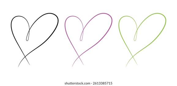 Three abstract heart shapes in black, pink, and green