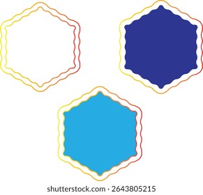 Three abstract hexagon shapes with wavy borders in gradient colors, isolated on white. Design elements, graphic resources, colorful background.