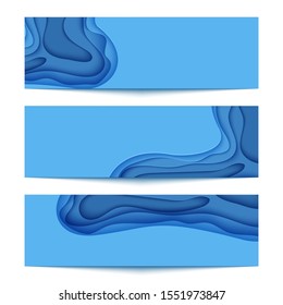 Three abstract horizontal blue flyer collection in cut paper style. Set of cutout sea wave template for for save the Earth posters, World Water Day, eco brochures. Vector water applique illustration.