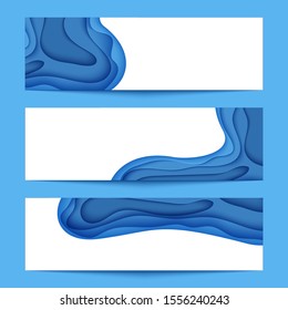 Three abstract horizontal flyer collection in cut paper style. Set of cutout blue sea wave template for for save the Earth posters, World Water Day, eco brochures. Vector water applique illustration
